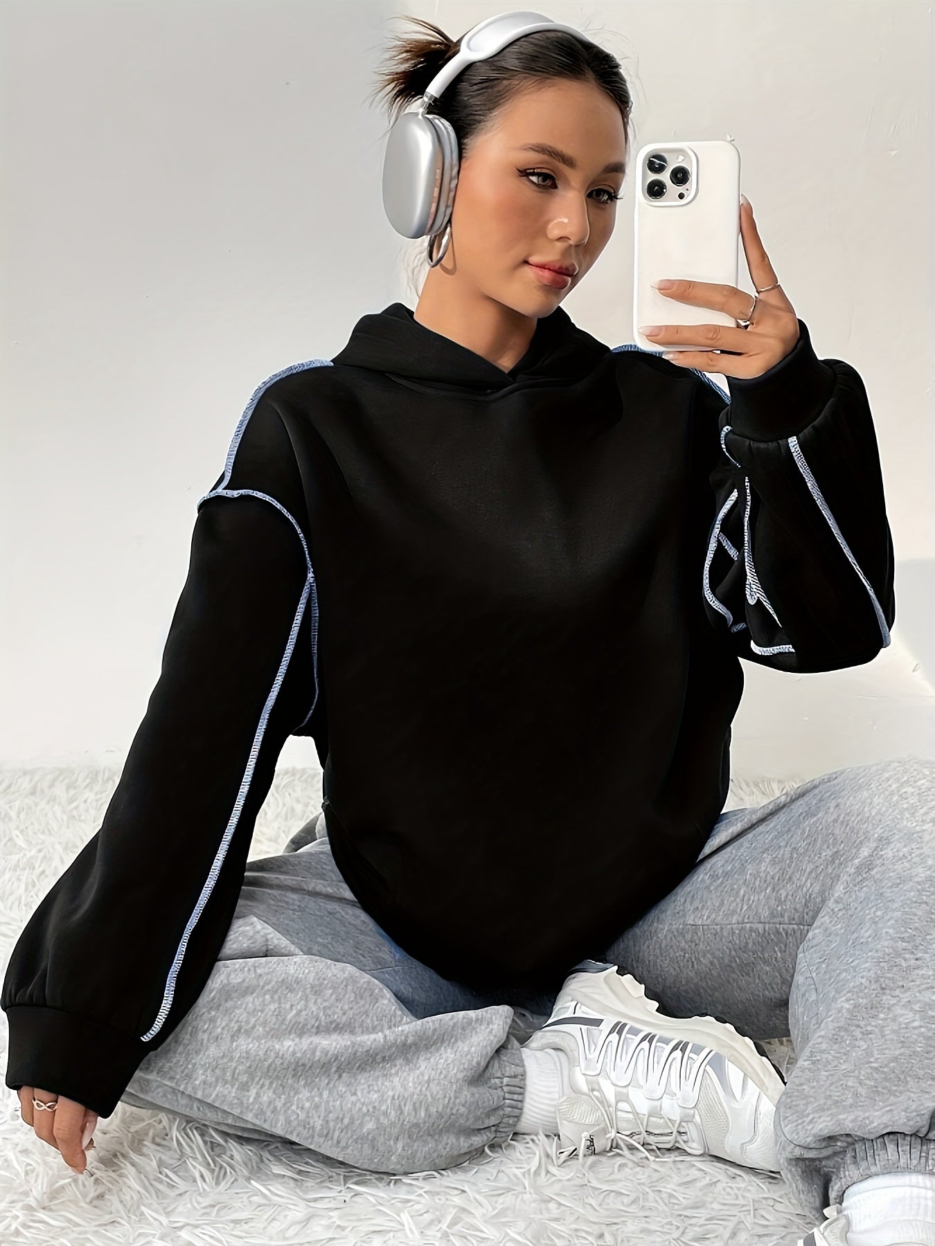 Contrast Trim Drop Shoulder Hoodie