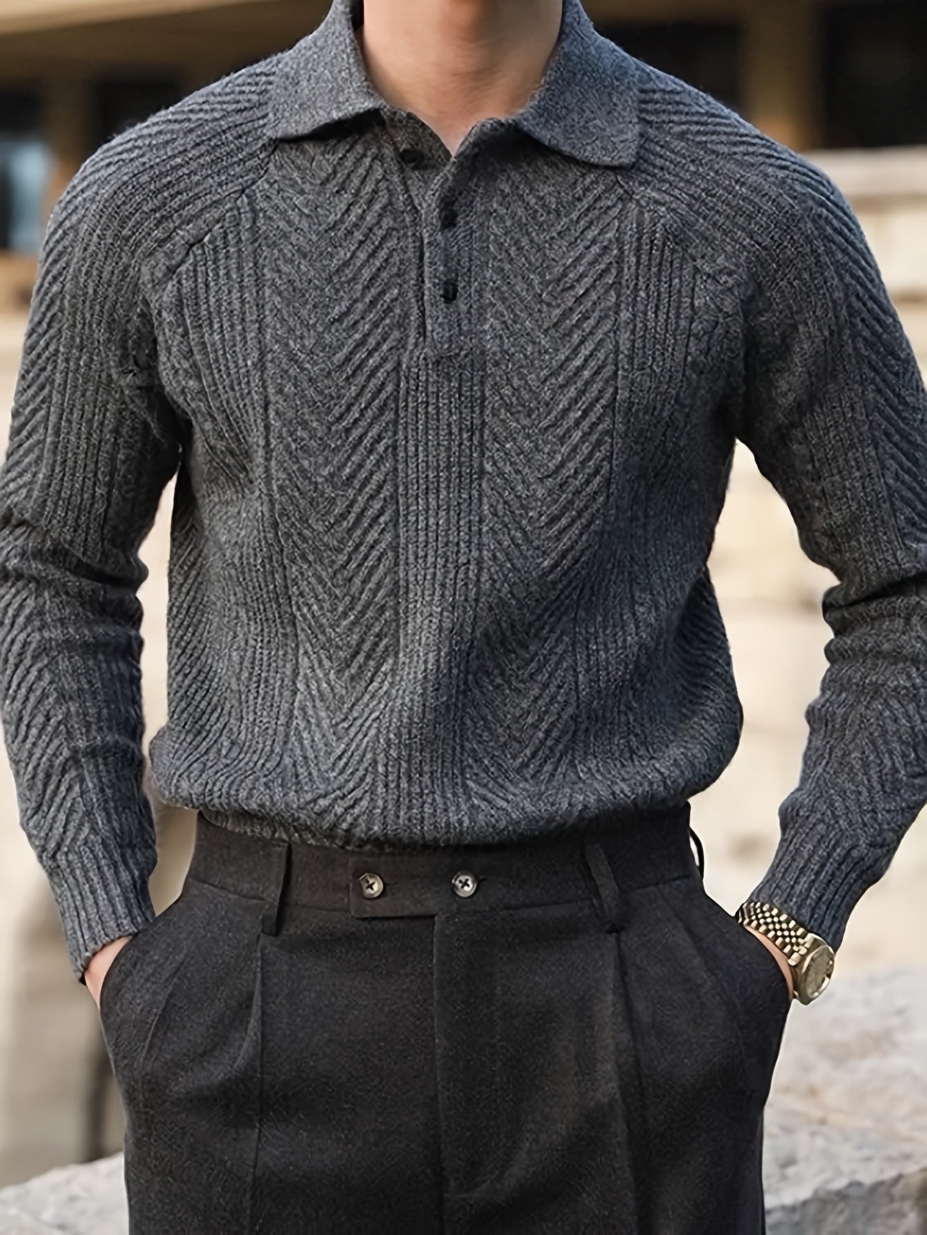 Men's Casual Knit Sweater with Lapel Collar