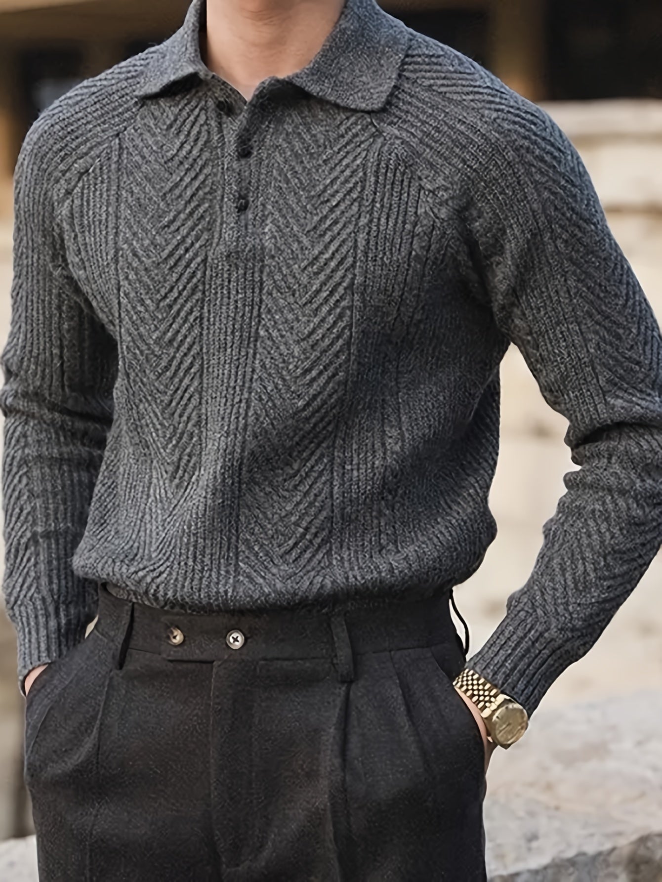 Men's Casual Knit Sweater with Lapel Collar