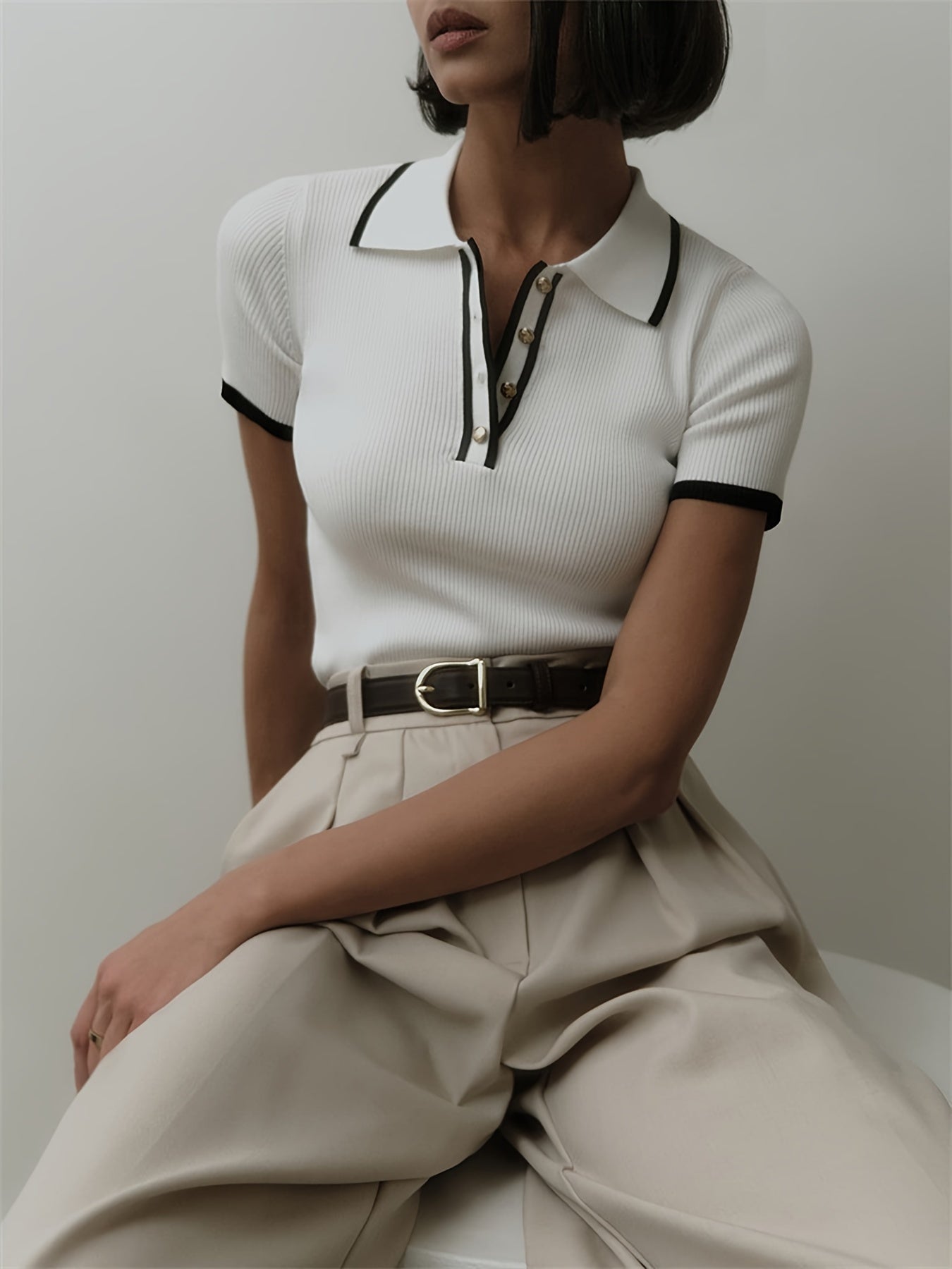 Contrast Trim Collared Slim Top